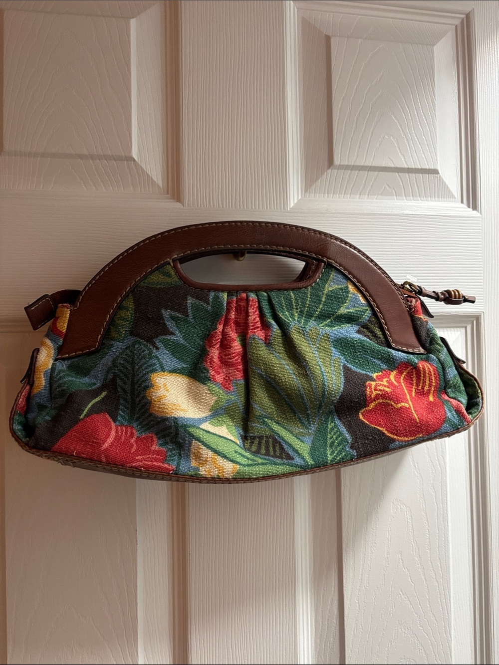 Fossil Tropical Print Canvas Handbag with Brown Leather Handles